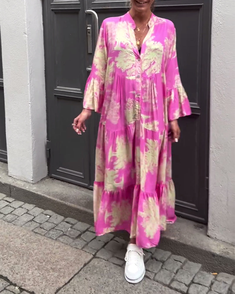Vestido com decote em V e manga sino estampado com painel solto