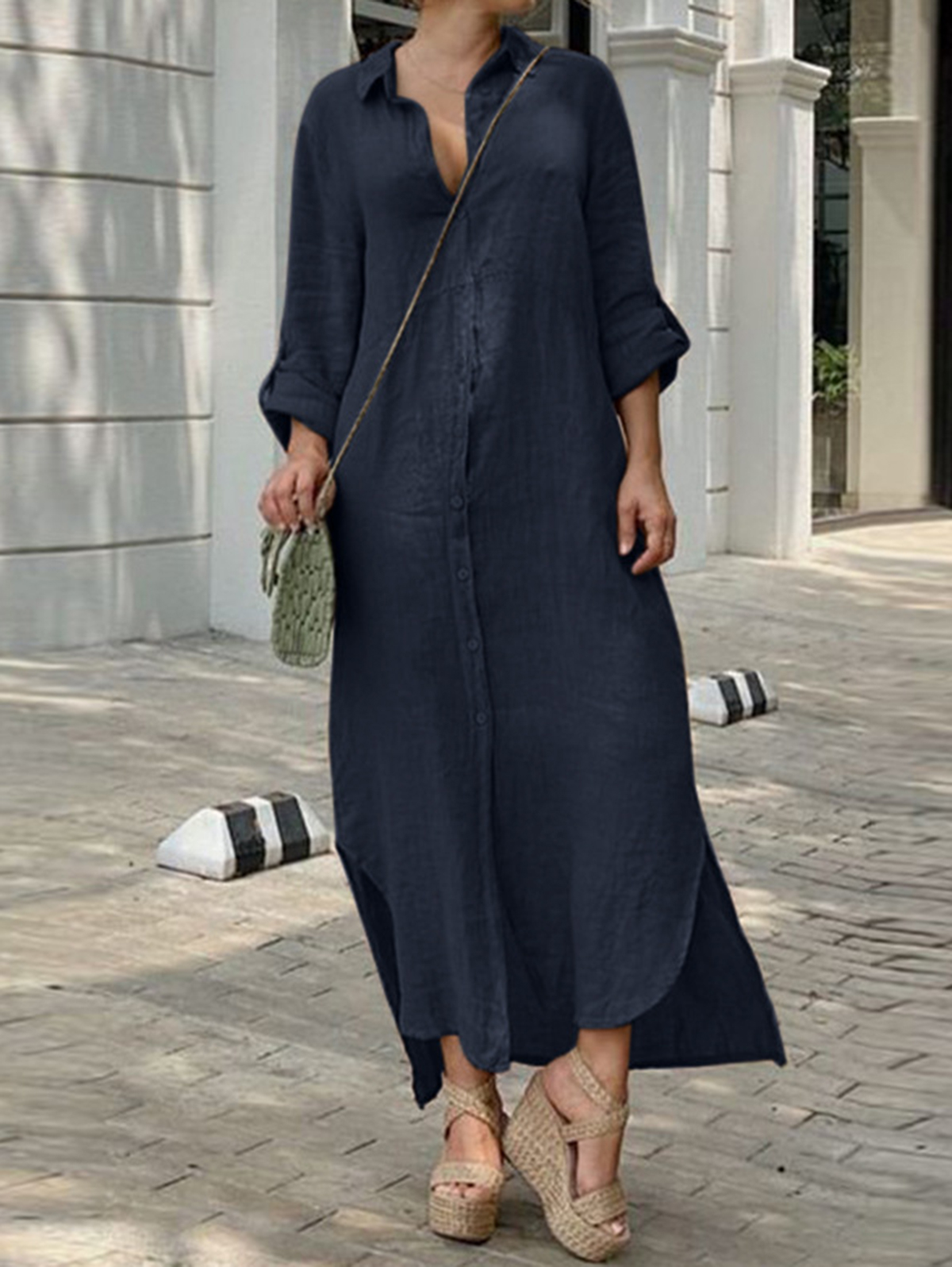Casual Turndown Collar Single Breasted Slit Hem Midi Dress
