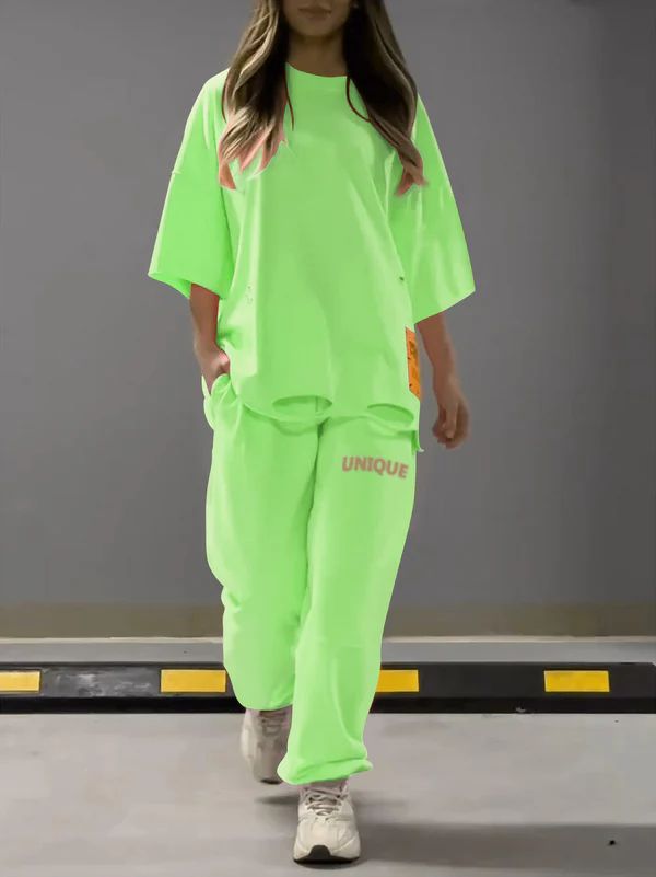 T-shirt girocollo alla moda, ampia e cava, set da due pezzi