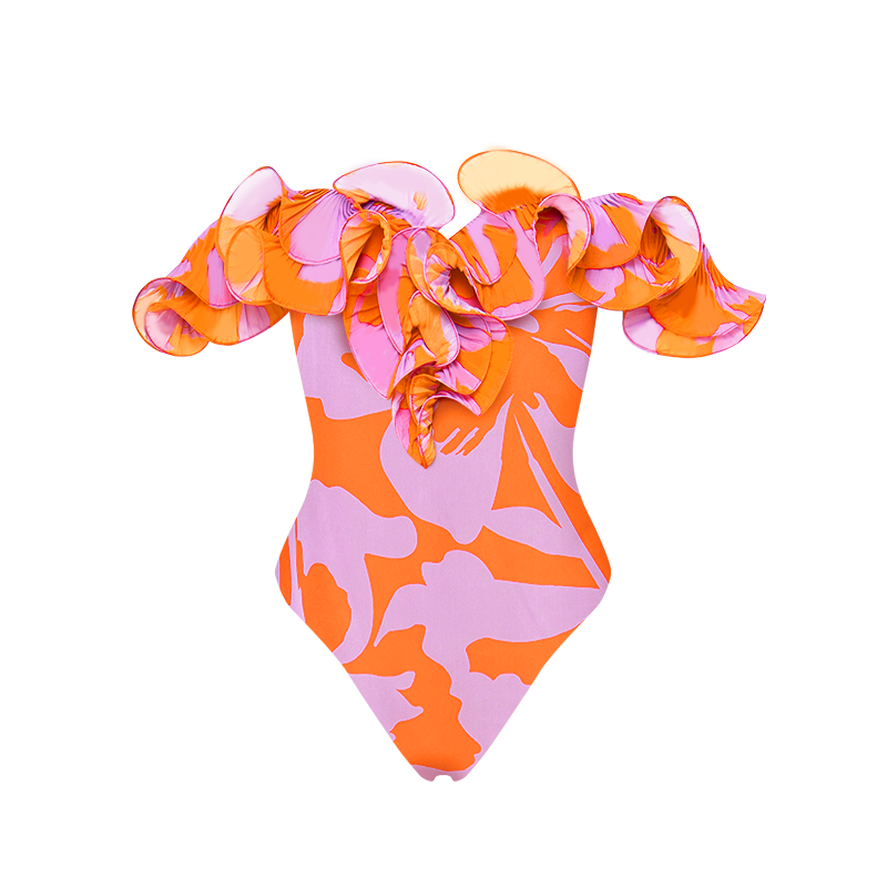 2025 New Off Shoulder Ruffled Printed One Piece Swimsuit and Skirt