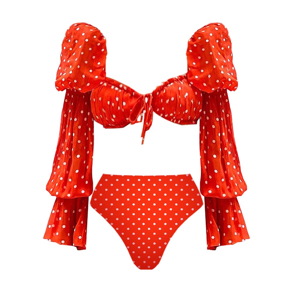 2025 New Lone Sleeve Red Polka Dots Bikini Swimsuit and Skirt