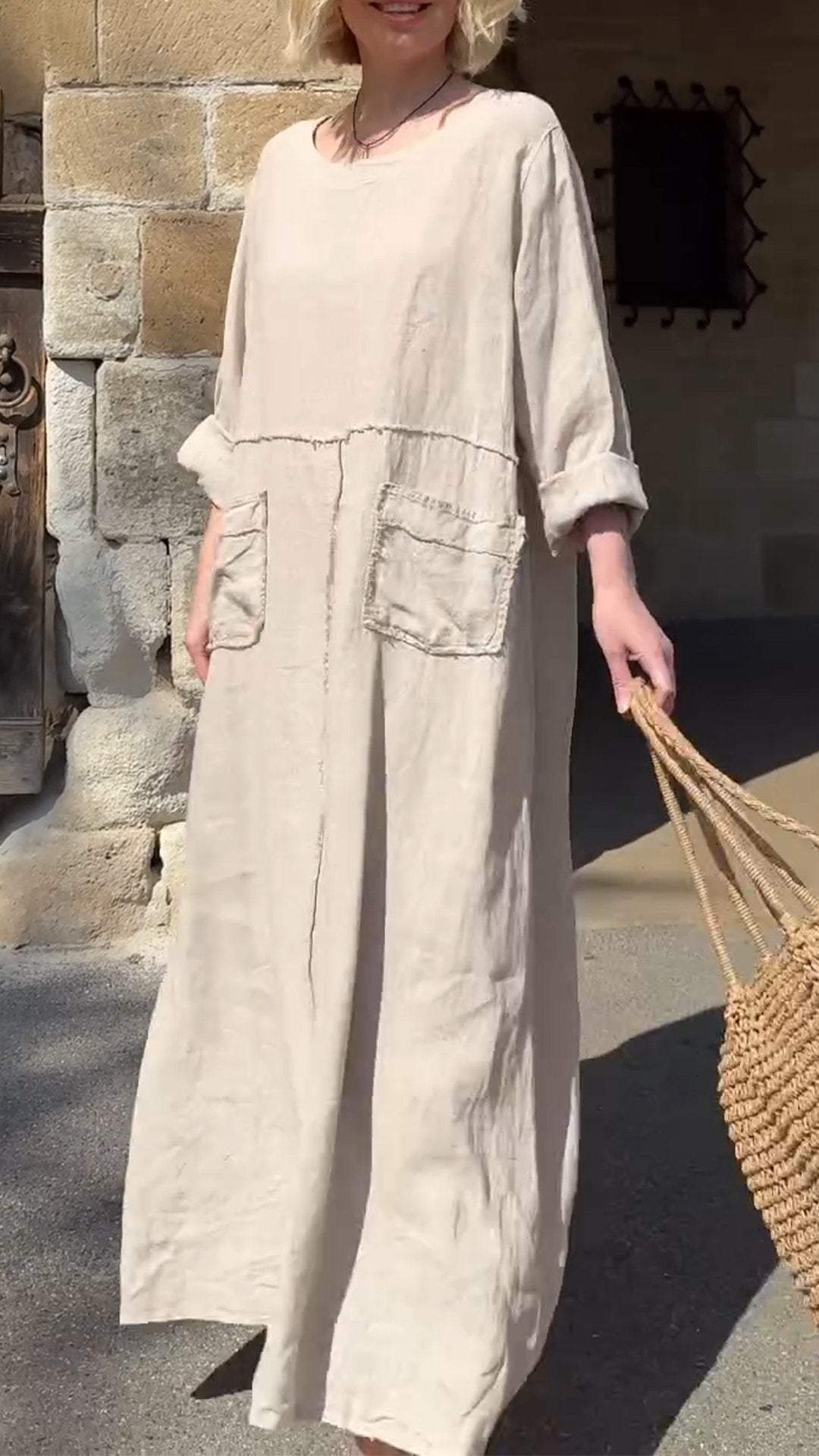 Vestido casual manga comprida algodão e linho gola redonda