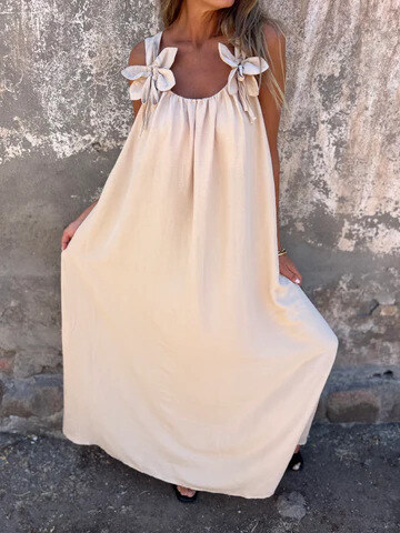 💕Vestido feminino de cor sólida com estampa floral e decote em U