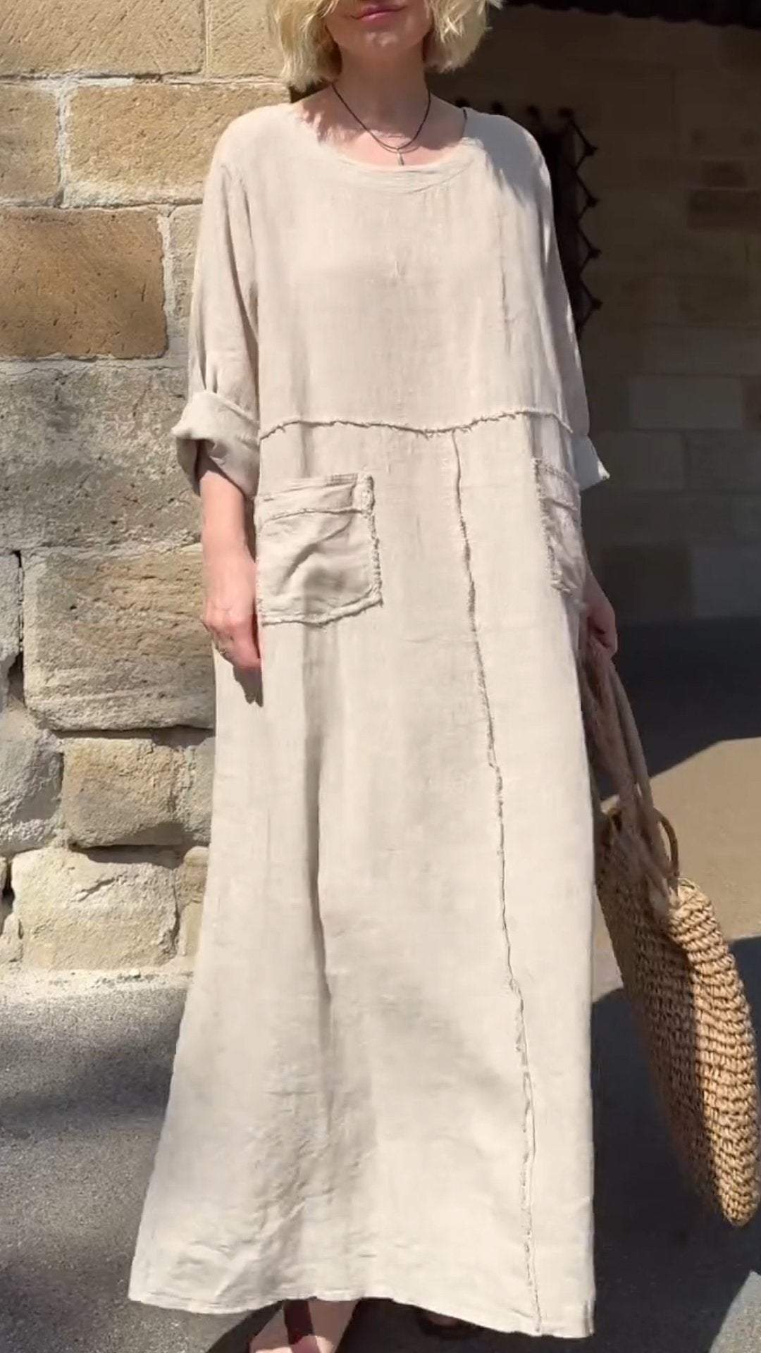 Vestido casual manga comprida algodão e linho gola redonda