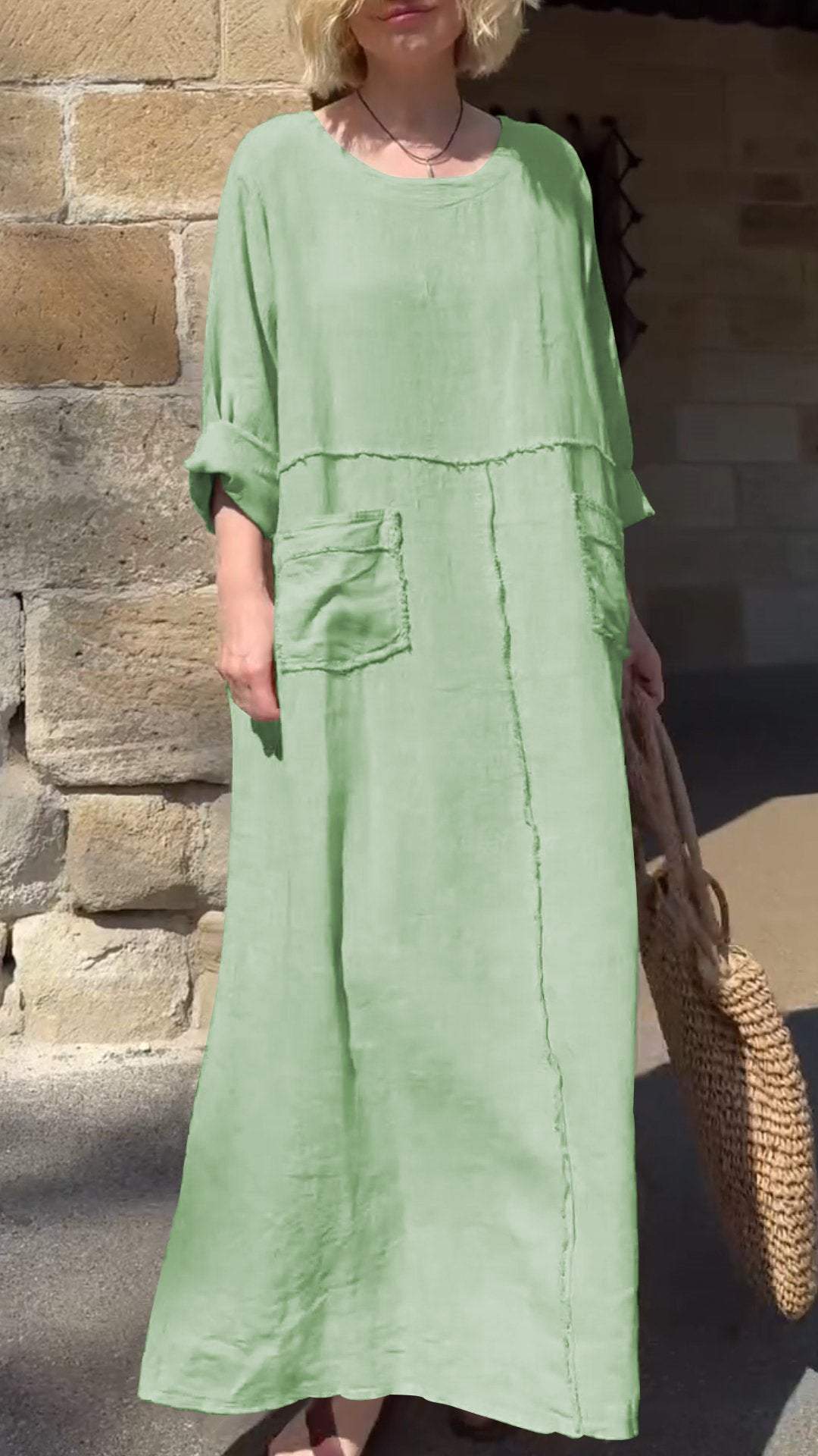 Vestido casual manga comprida algodão e linho gola redonda