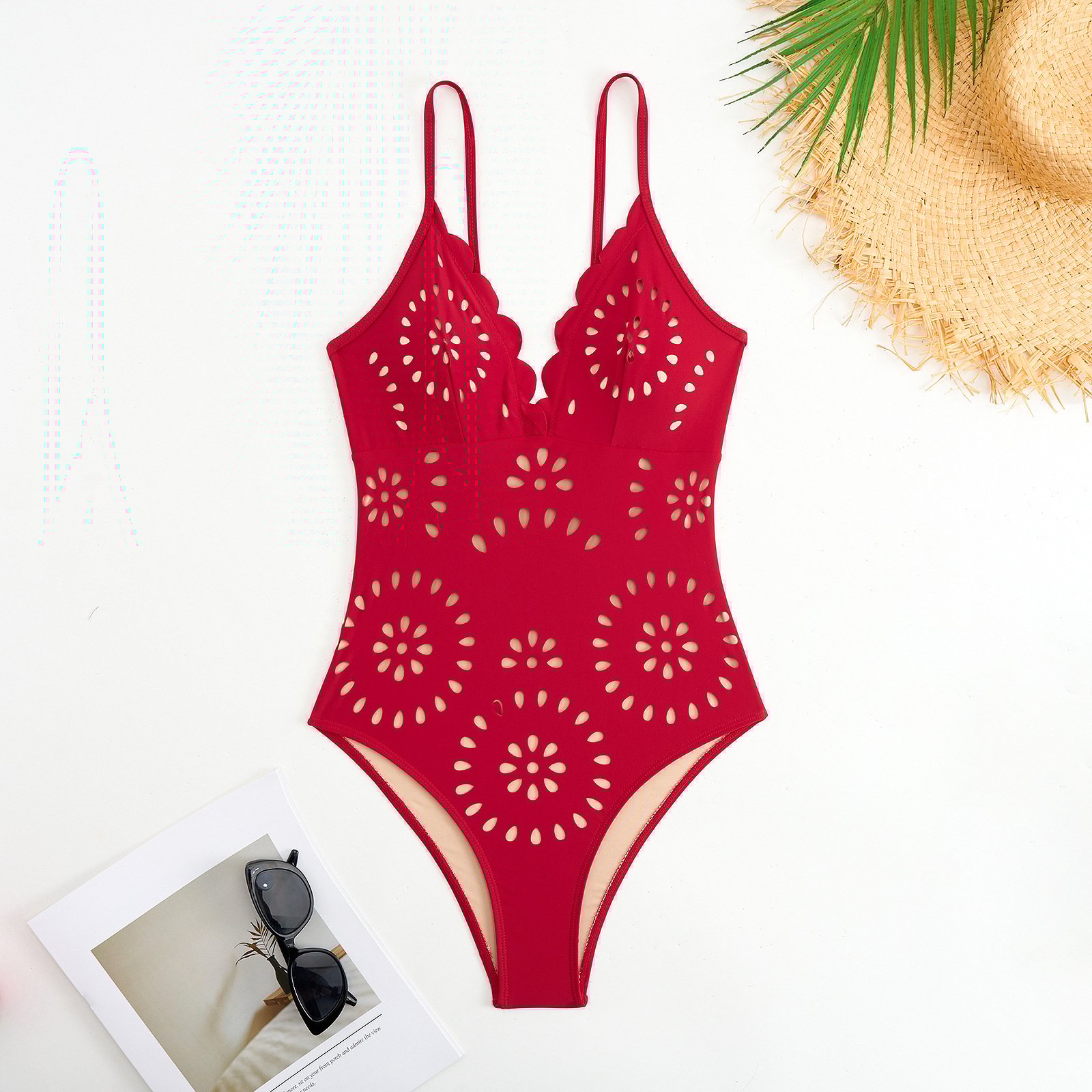 💖 2025 New 👙 Laser Cutting Flower Hollow Flared Skirt Swimsuit Set