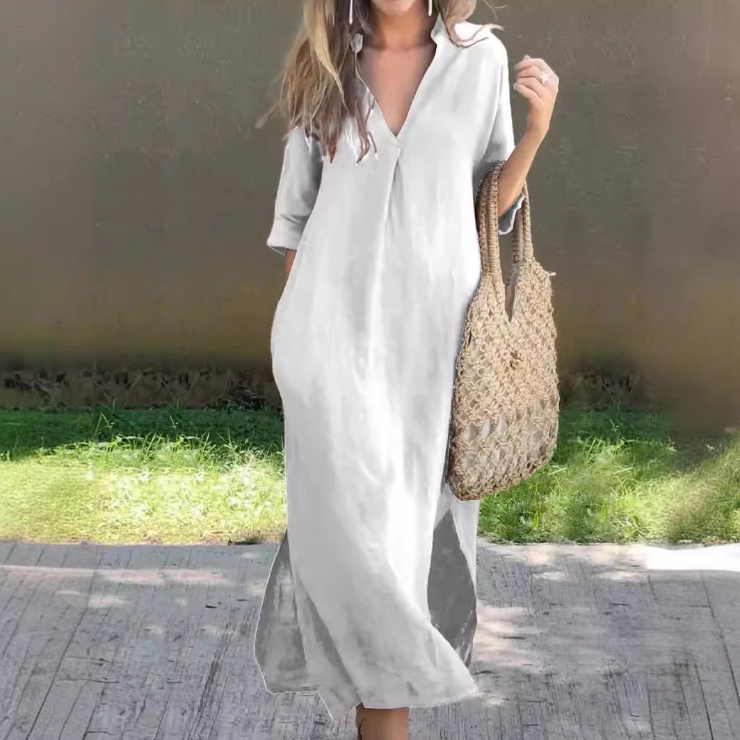 Abito da donna in cotone e lino con scollo a V e maniche corte