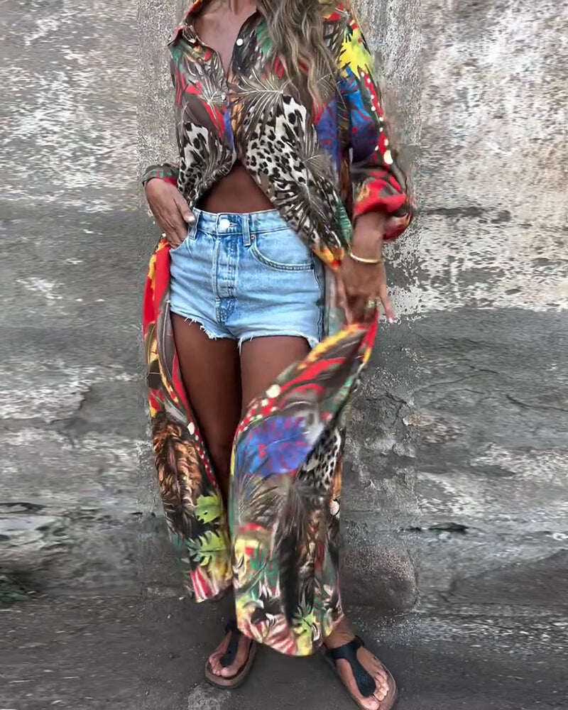 Vestidos camisa fashion estampados com botões