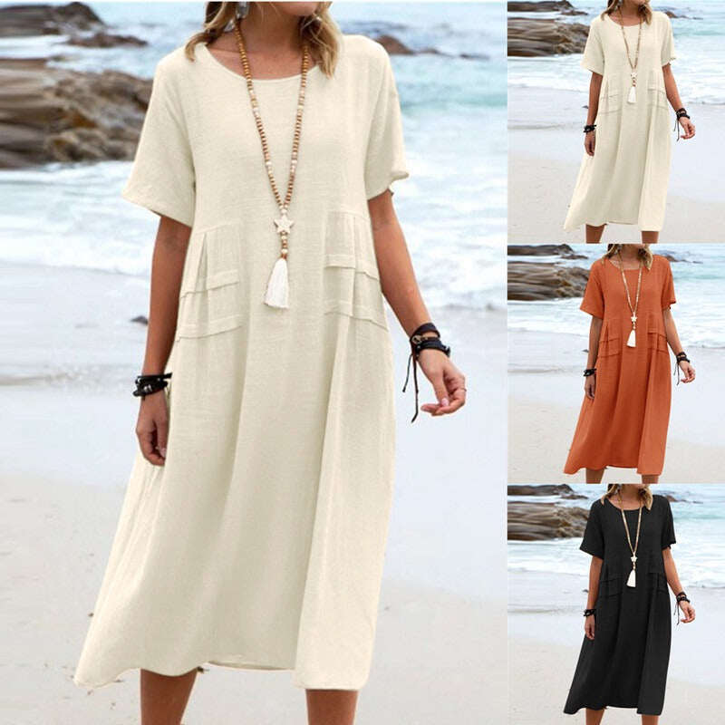Vestido de algodão com gola redonda