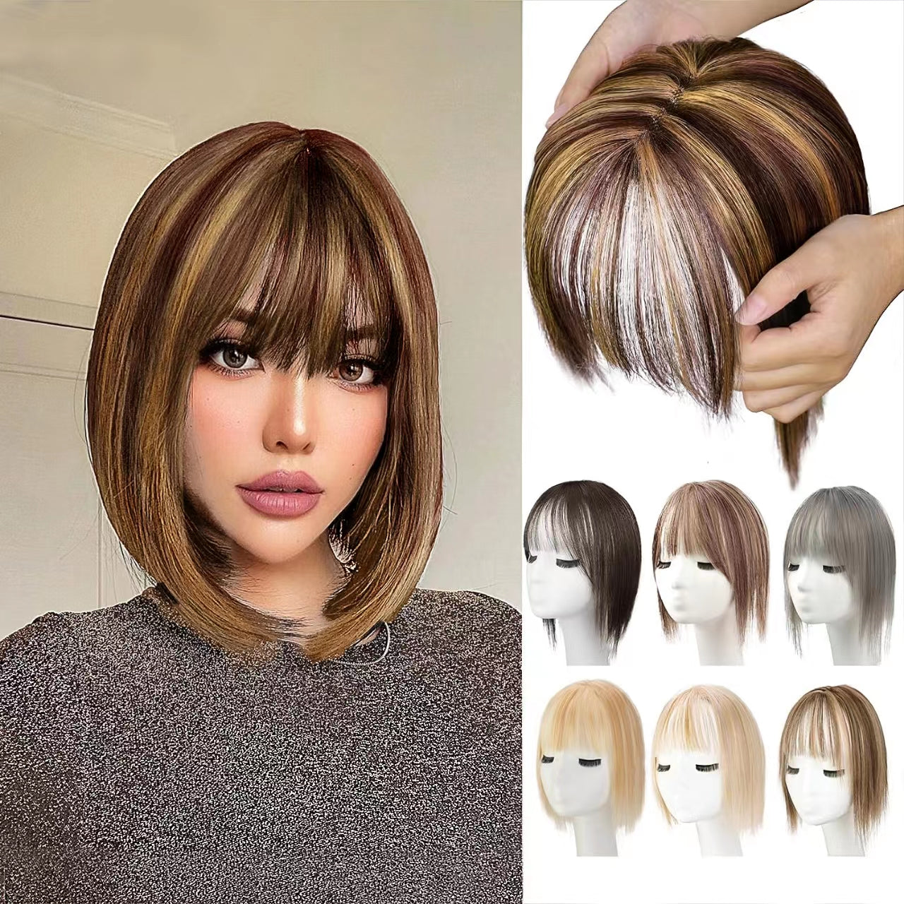 Toppers de cabelo 100% humano para mulheres, adicionando volume de cabelo com franja, 12 polegadas, invisível