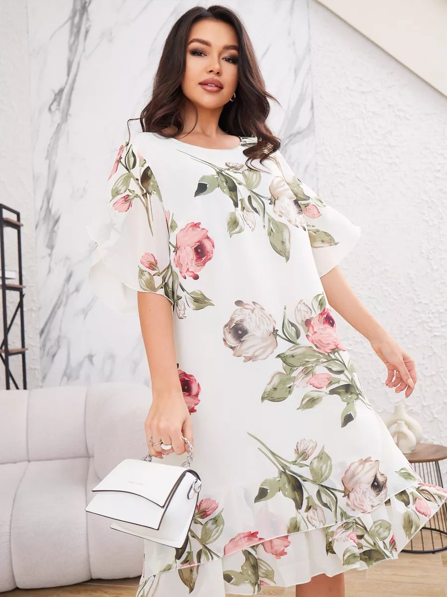 ❀Elegáns női sifon ruha fél ujjal