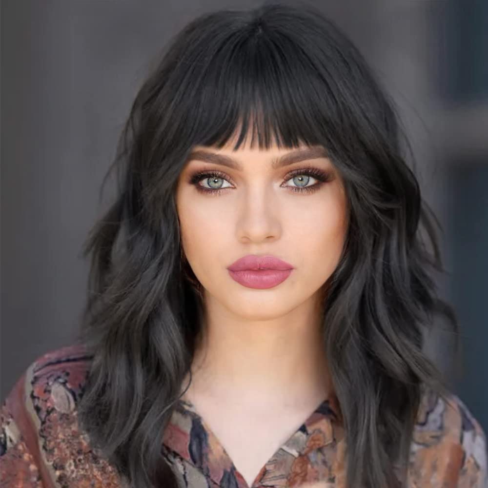 Multicolor - Medium Length Curly Hair with Thick Bangs