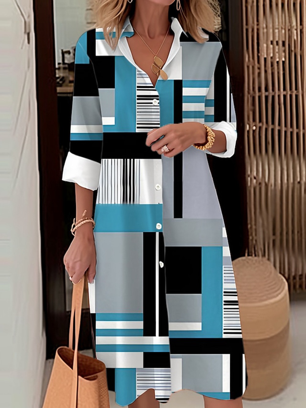Abito elegante ampio stampato in stile casual scozzese tinta unita