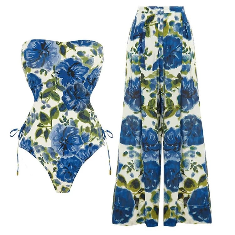 2025 New Bandeau Blue Flower Print Cut Out One Piece Swimsuit Set