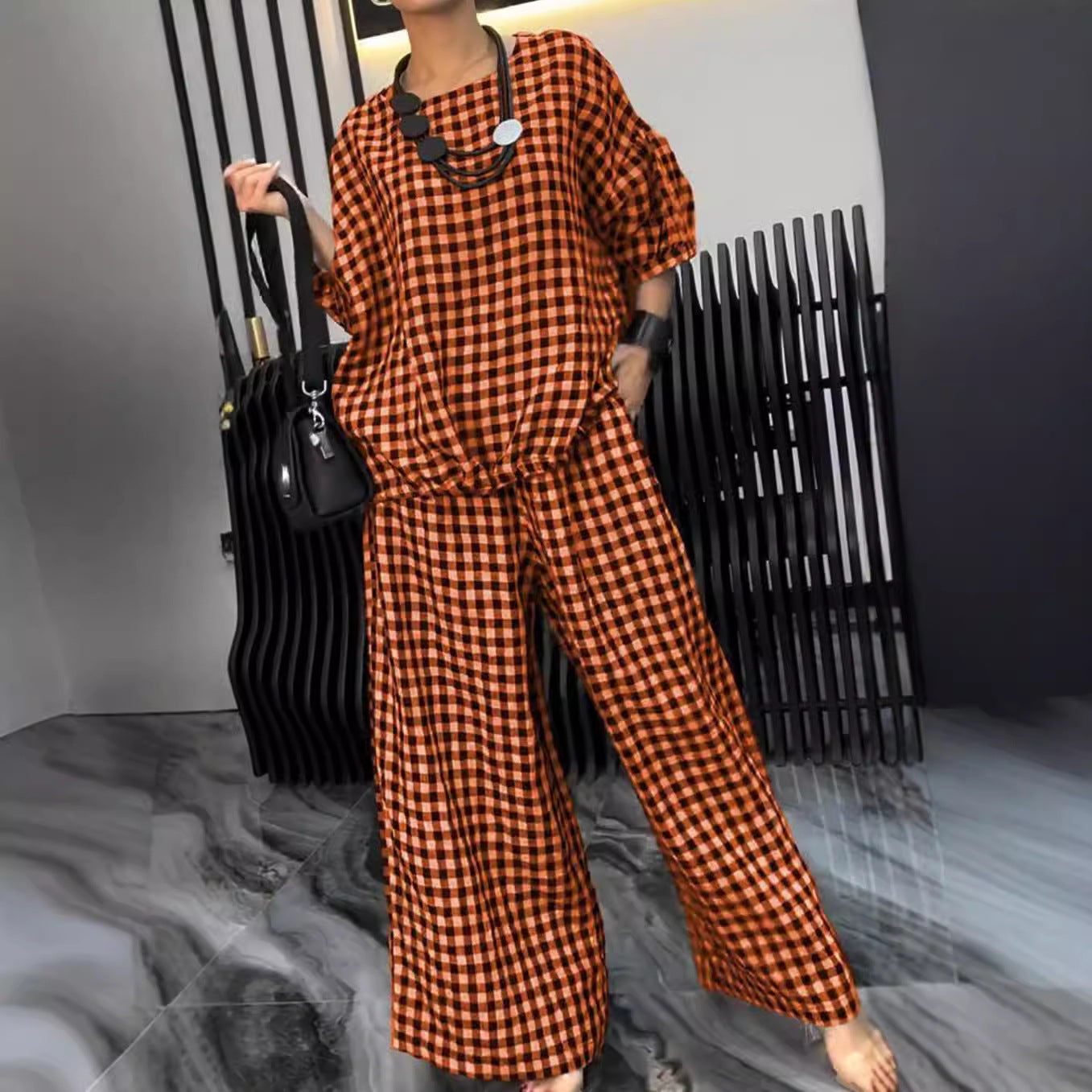 2024 Tailleur pantalone scozzese a gamba larga con coulisse sul retro