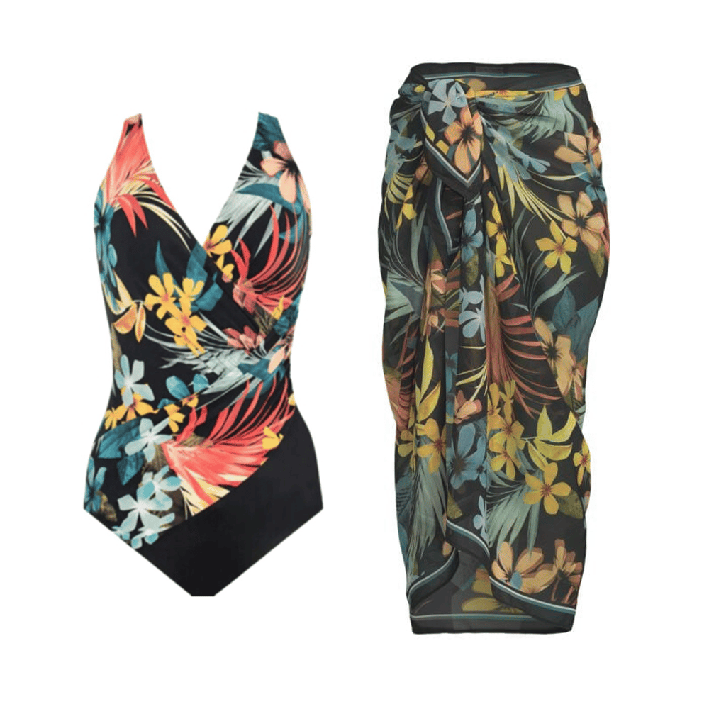🤩Belly swimming costume set with floral pattern and V-neckline