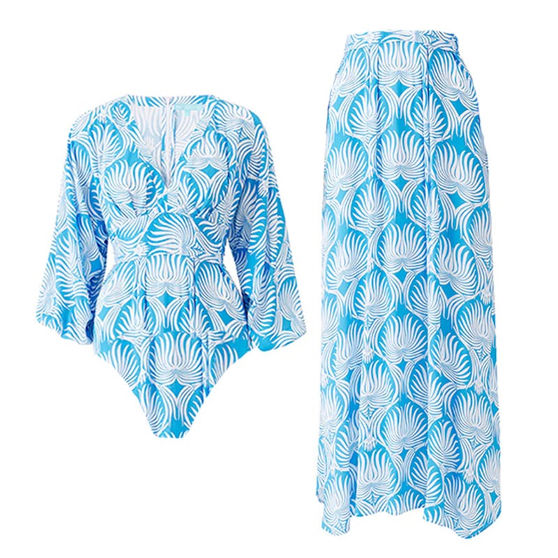 👙One-piece swimming costume with long sleeves and blue lotus pattern, paired with a skirt