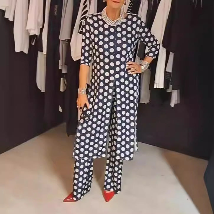 Tuta da donna con stampa a pois e maniche lunghe e scollo tondo
