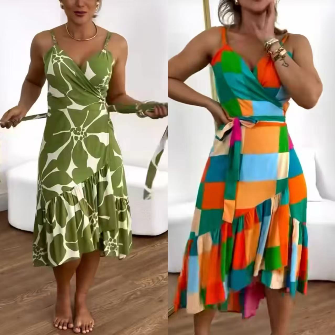 🏖️Vestido túnica feminino casual com estampa resort e franzidos