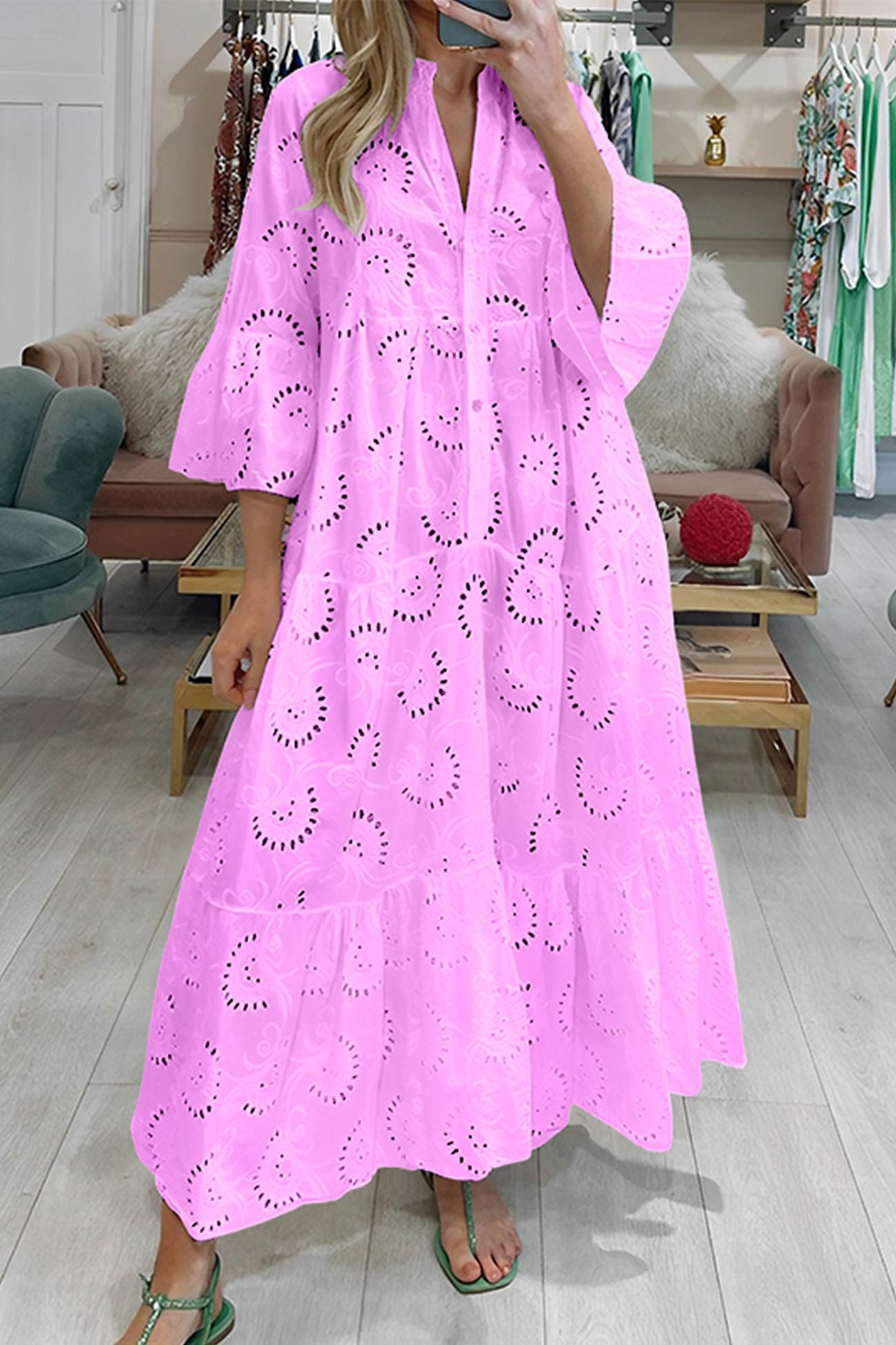 V Neck Flares Sleeve Embroidery Cotton Dress