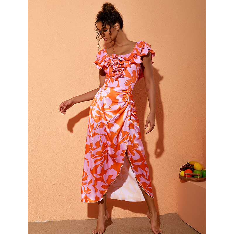 2025 New Off Shoulder Ruffled Printed One Piece Swimsuit and Skirt