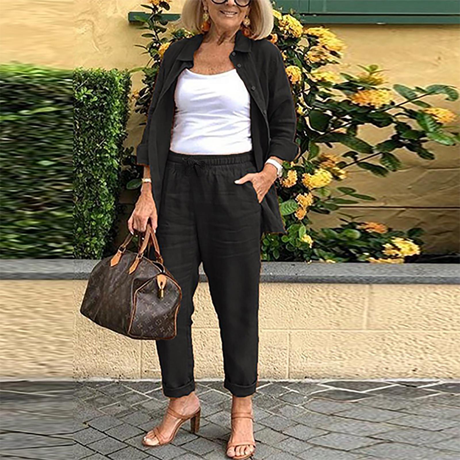 Set camicetta e pantaloni da donna a maniche lunghe in cotone e lino