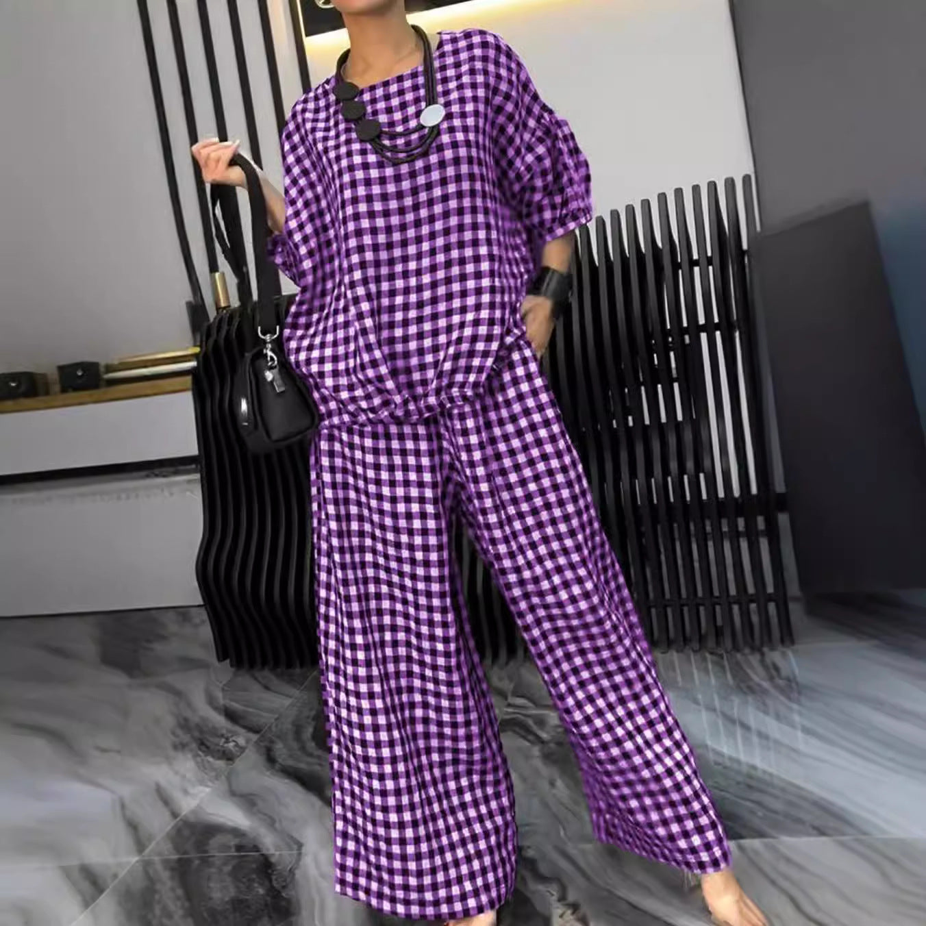 2024 Tailleur pantalone scozzese a gamba larga con coulisse sul retro