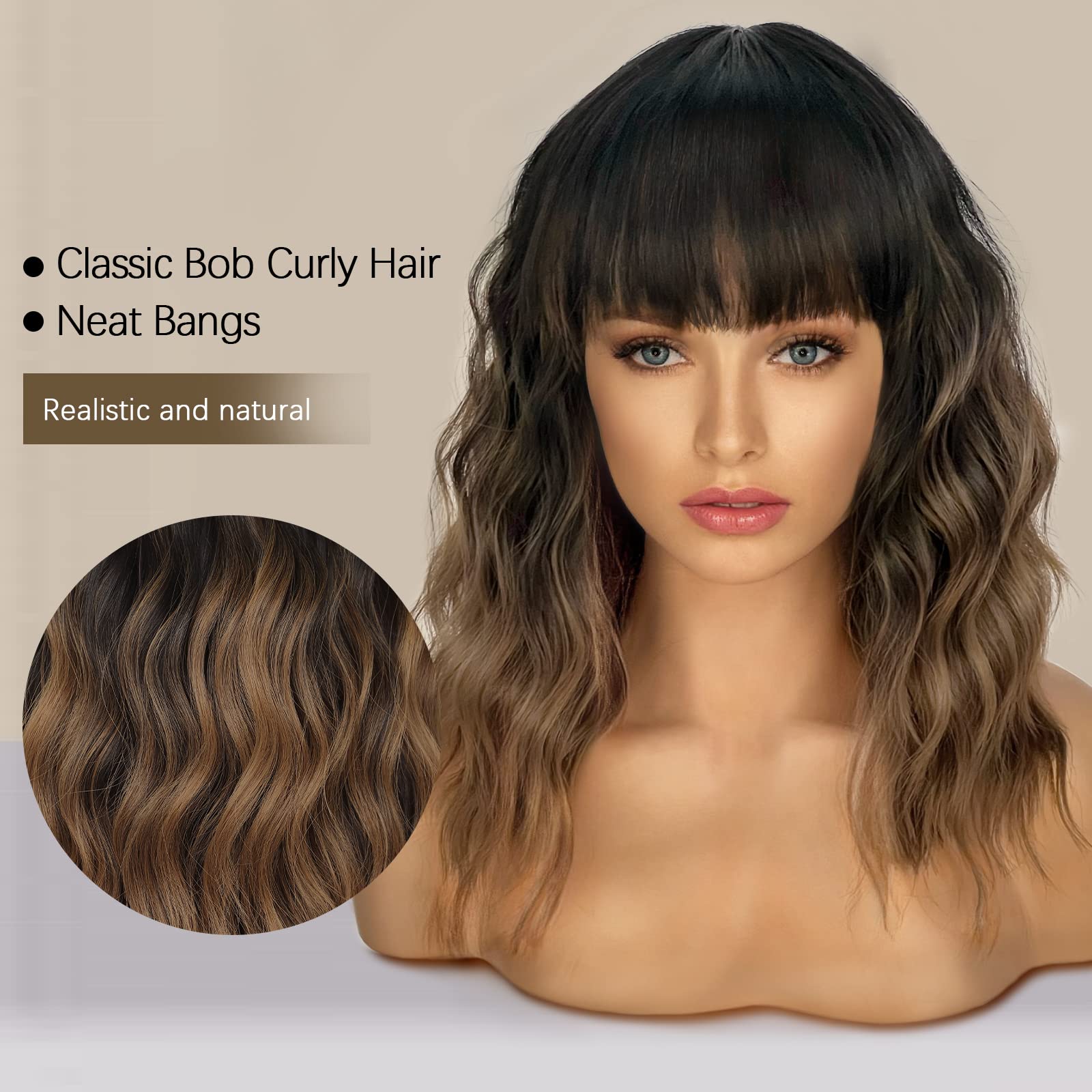 Multicolor - Medium Length Curly Hair with Thick Bangs