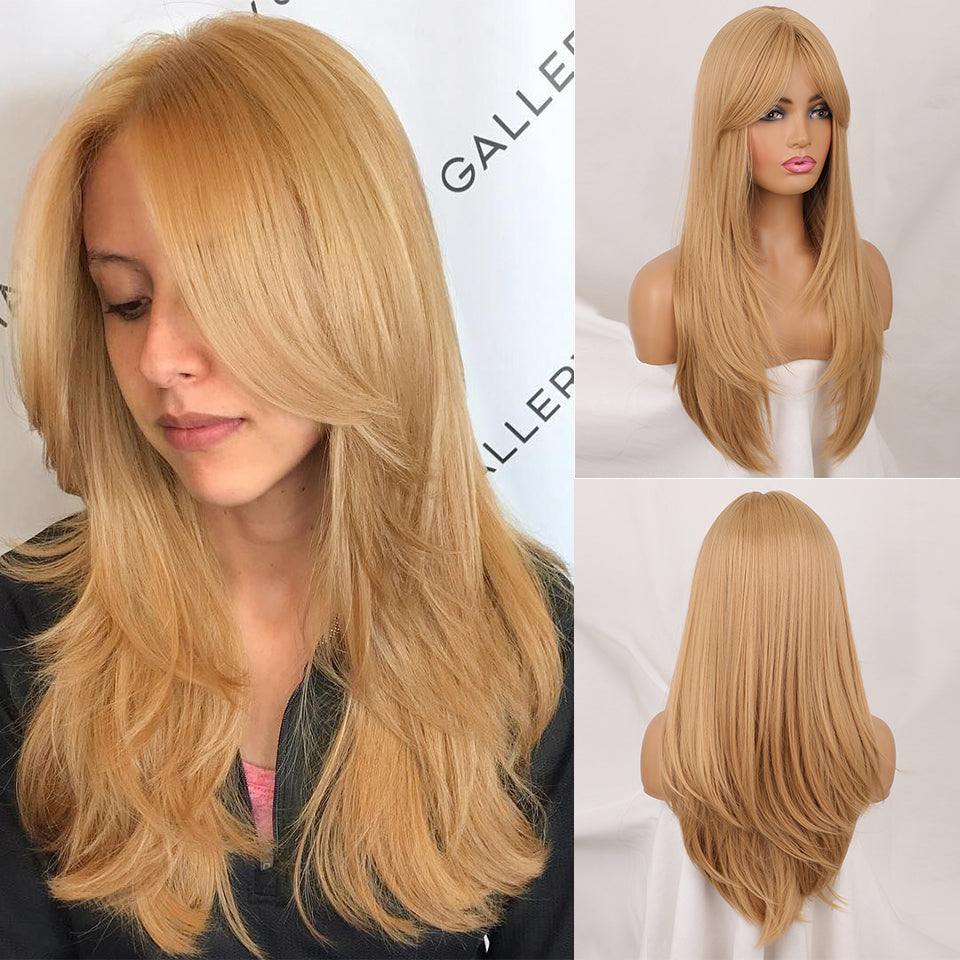 Ins Hot Ombre Blonde Wig with Bangs Long Curly Wig