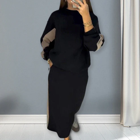 Completo top a maniche lunghe colorblock e gonna spaccata