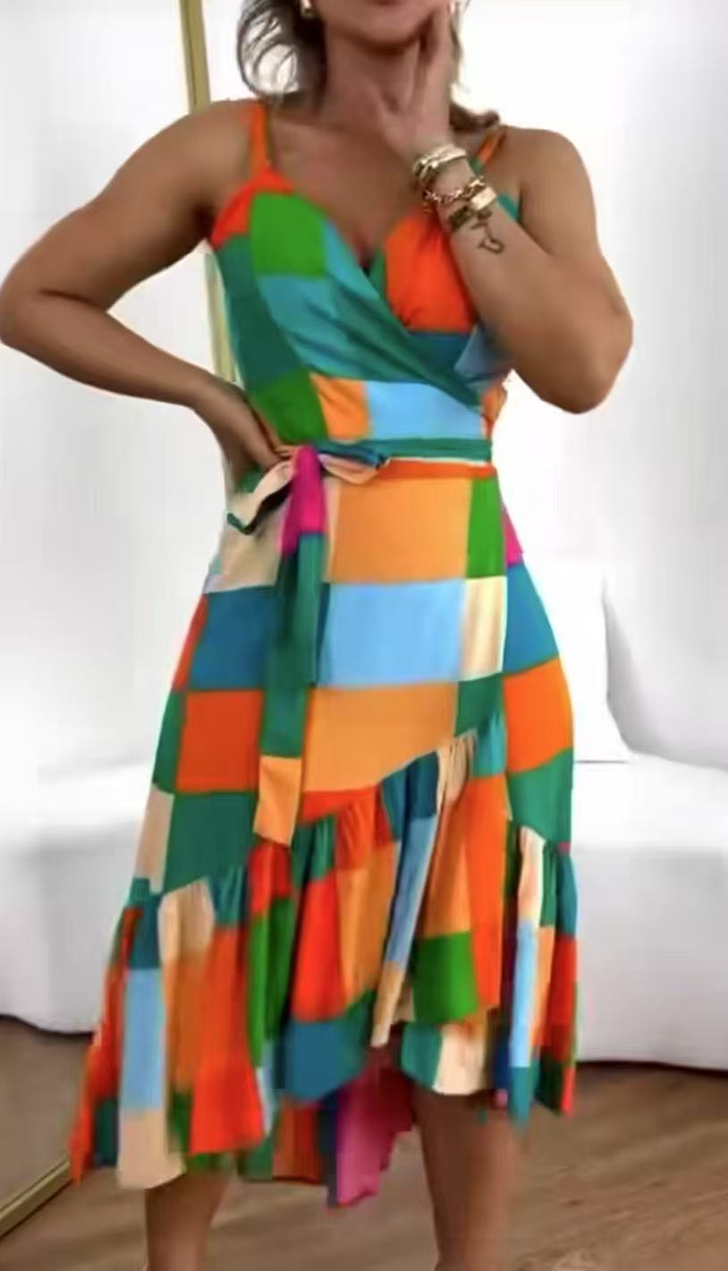 🏖️Vestido túnica feminino casual com estampa resort e franzidos