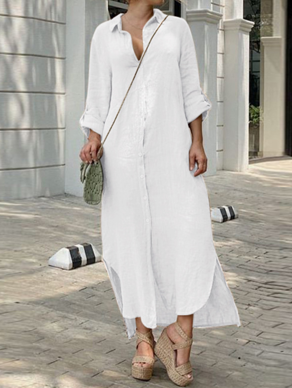 Casual Turndown Collar Single Breasted Slit Hem Midi Dress