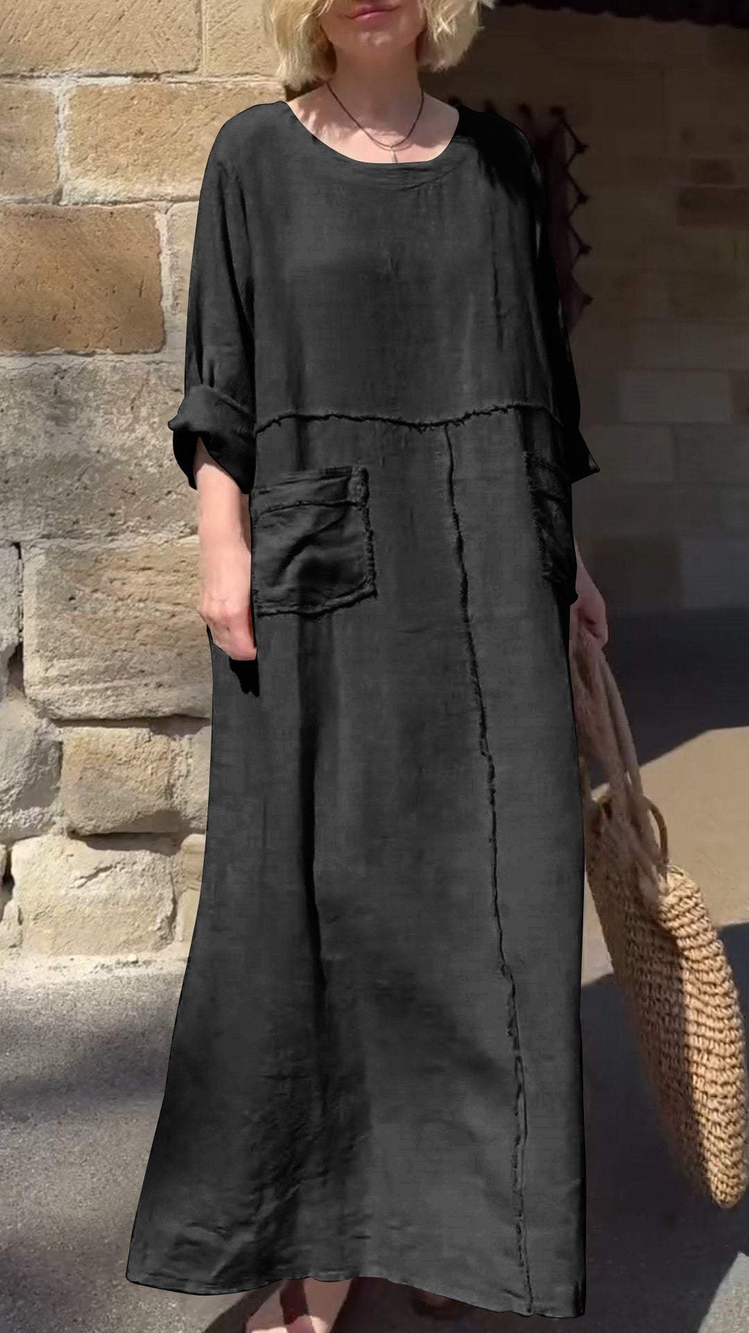Vestido casual manga comprida algodão e linho gola redonda