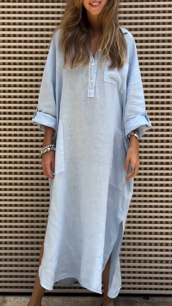 Abito da donna in cotone e lino con scollo a V e maniche lunghe