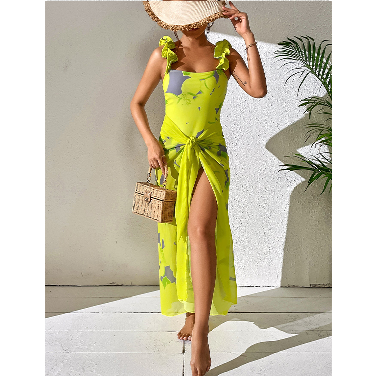 Ruffled Strap Lemon Print One Piece Swimsuit and Sarong 💕