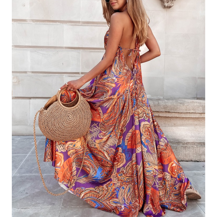 🌼 V Neck Blossom Printed  Backless Sling Dress 👗