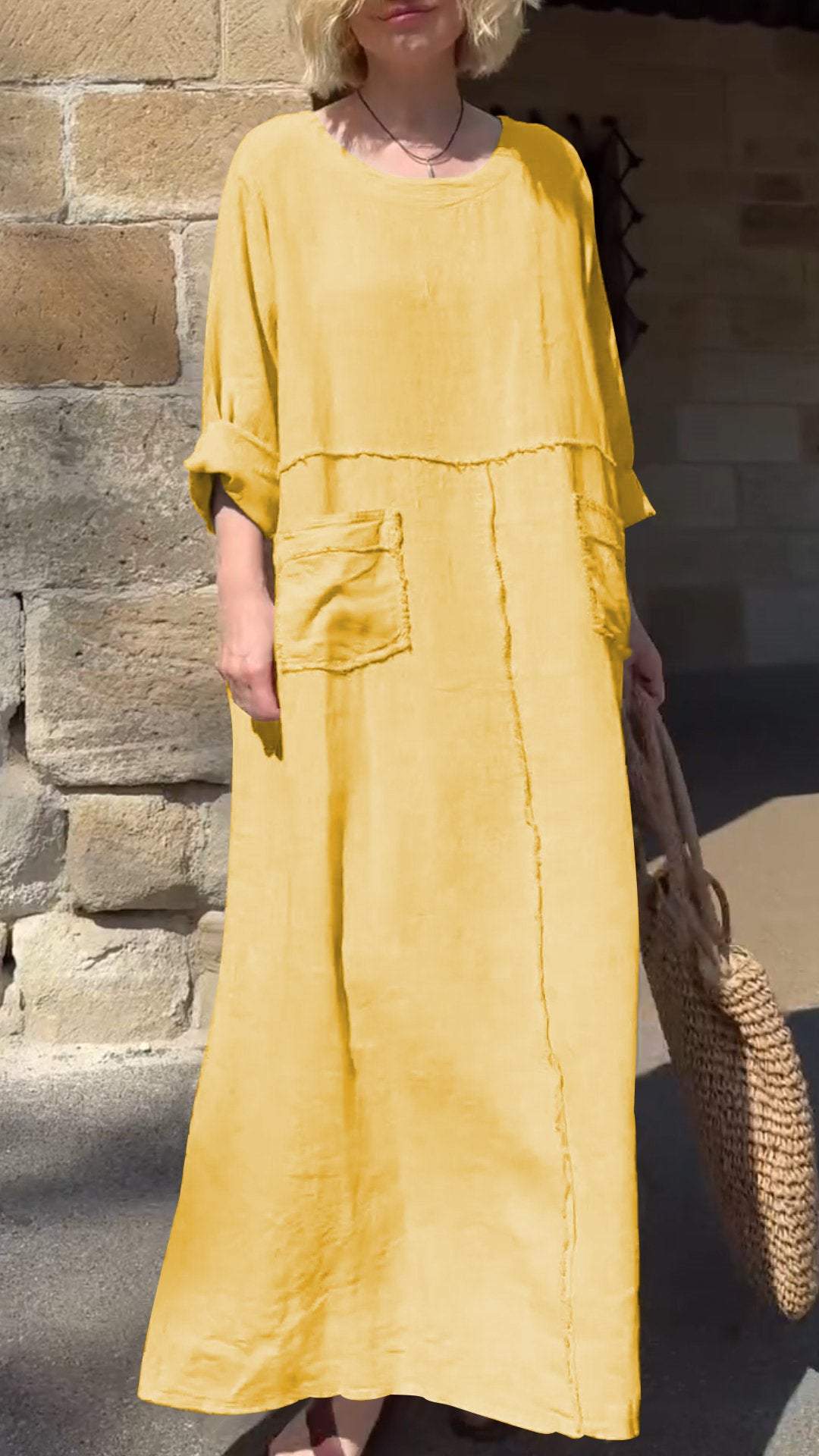 Vestido casual manga comprida algodão e linho gola redonda