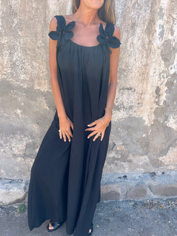 💕Vestido feminino de cor sólida com estampa floral e decote em U