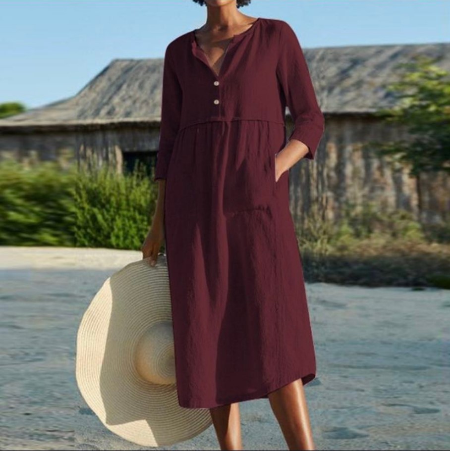 【S-5XL】2024 primavera e verão novo vestido com bolso e botão