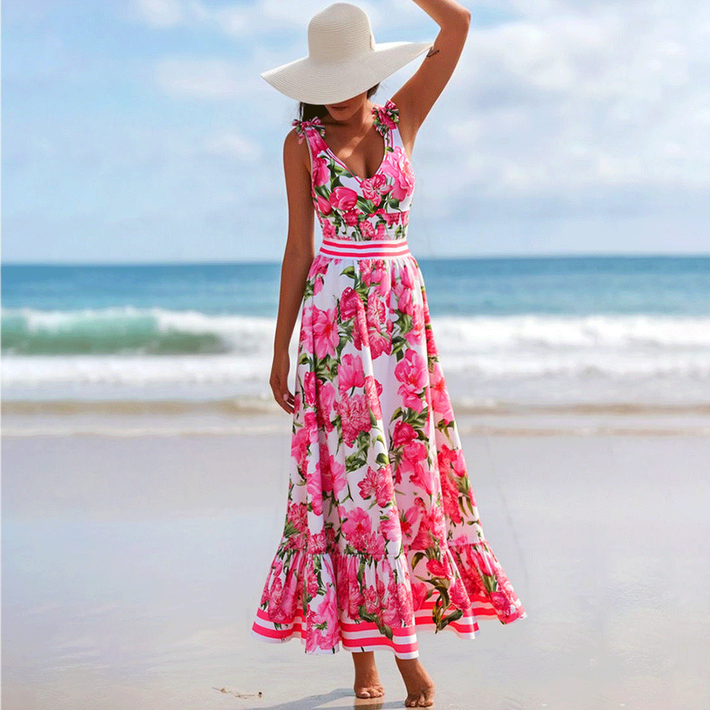🌼 Tie Shoulder Shirring Flower Print One Piece Swimsuit and Skirt 👙