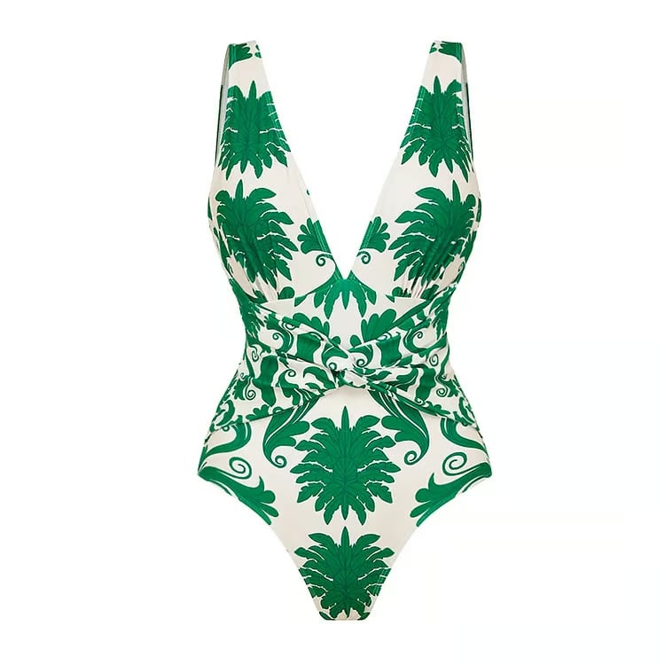 V Neck Print Two Piece Swimsuit Set - Green