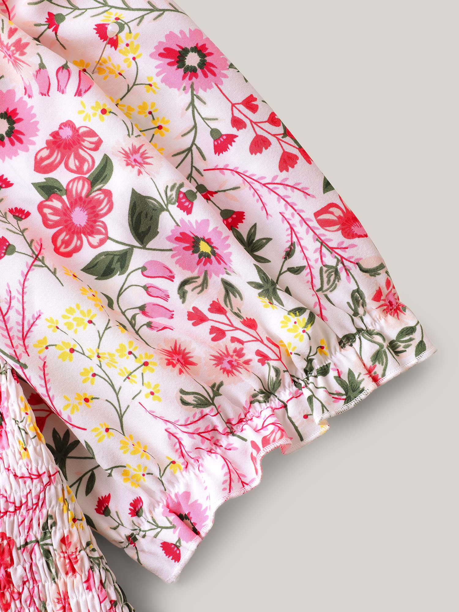 Shirred Floral Print Pockets Maxi Dress