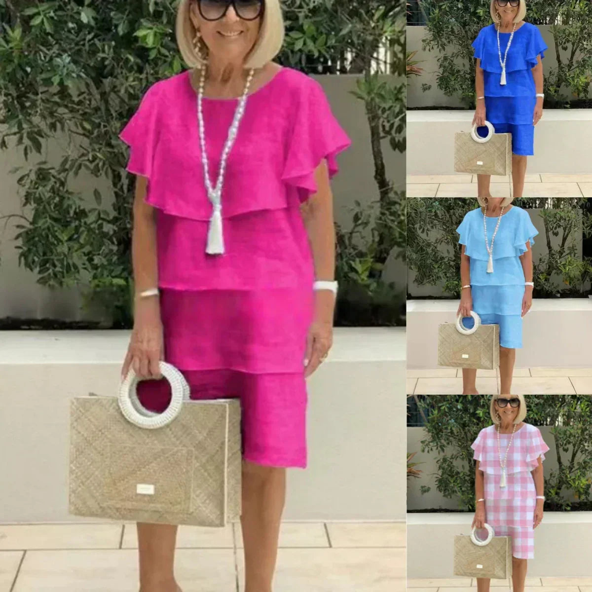 💖Šifoninė suknelė trumpomis rankovėmis ir raukiniais, iki kelių