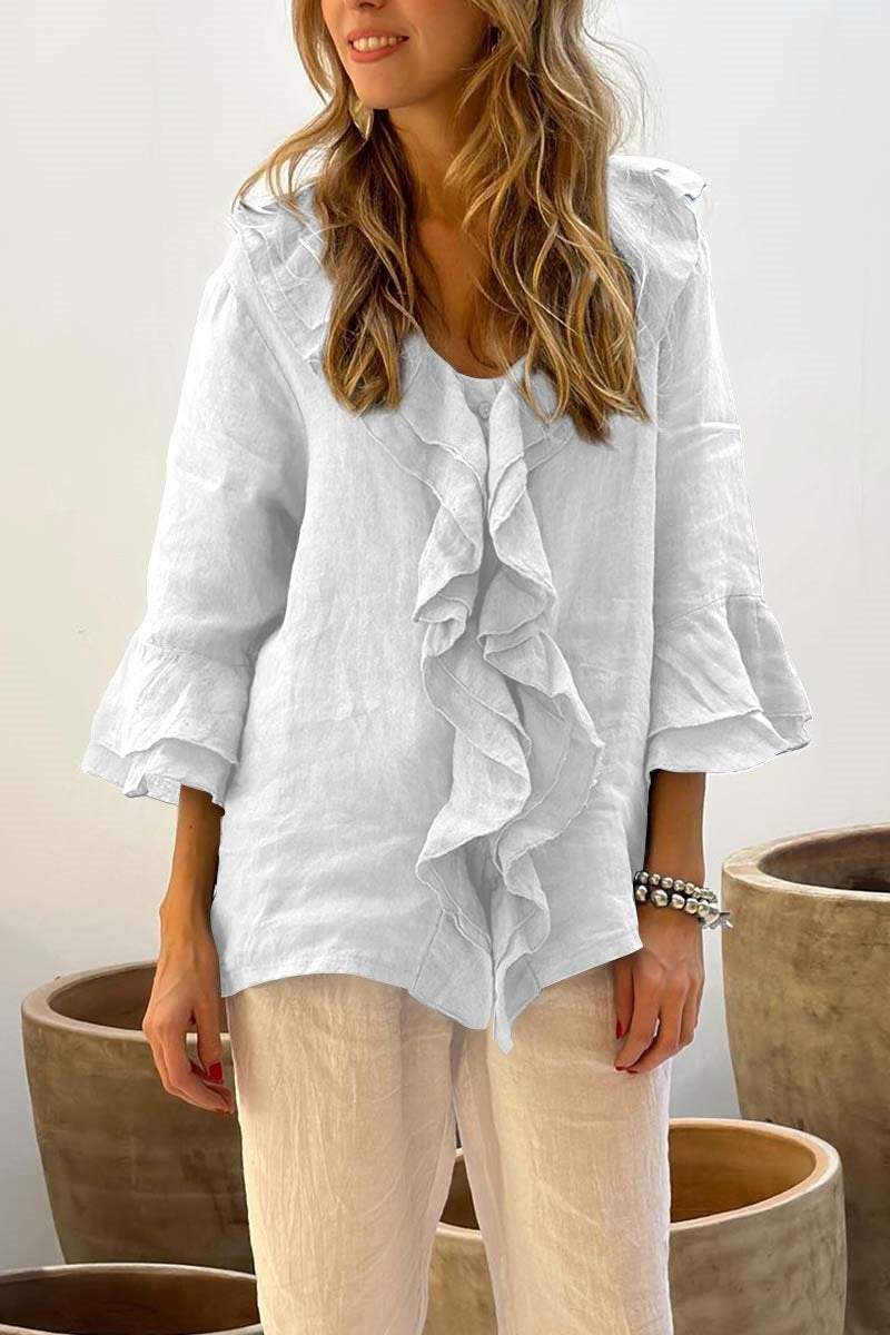 Top casual da donna in cotone e lino con colletto a balze