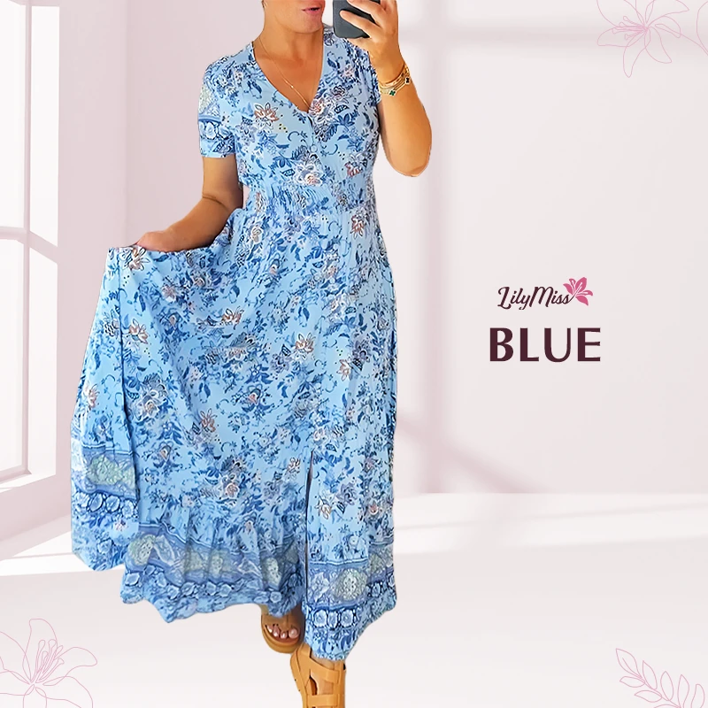 LilyMiss – Vestido maxi floral casual estampado com decote em V e cintura plissada