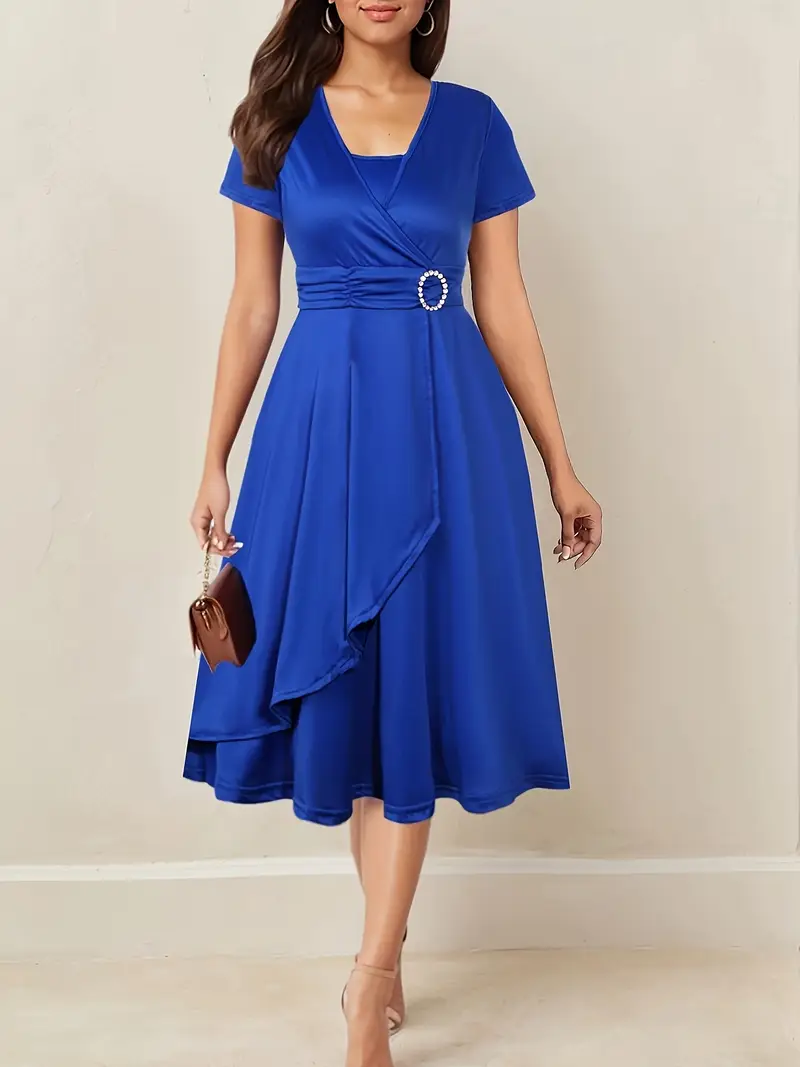 Vestido de verão feminino elegante com decote em V, cor sólida