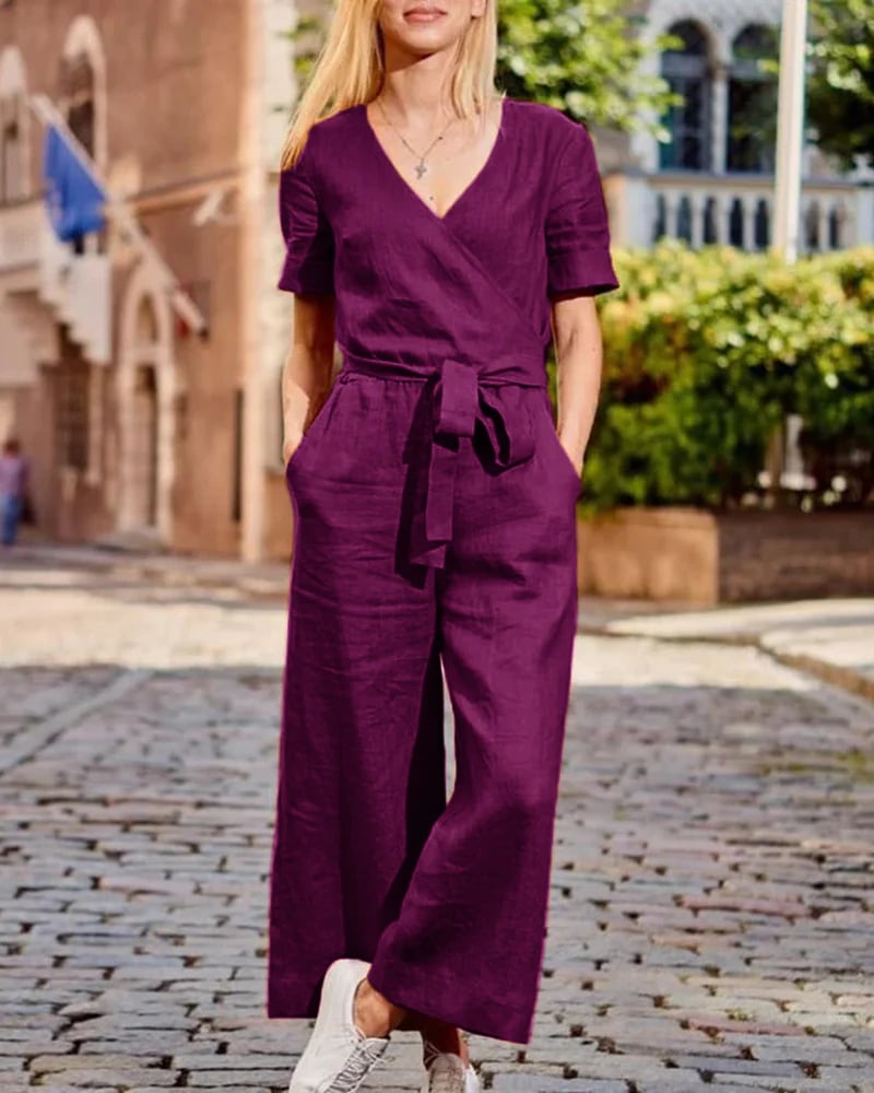 Short Sleeve Solid Color Lace-Up V Neck Soft Romper Jumpsuit