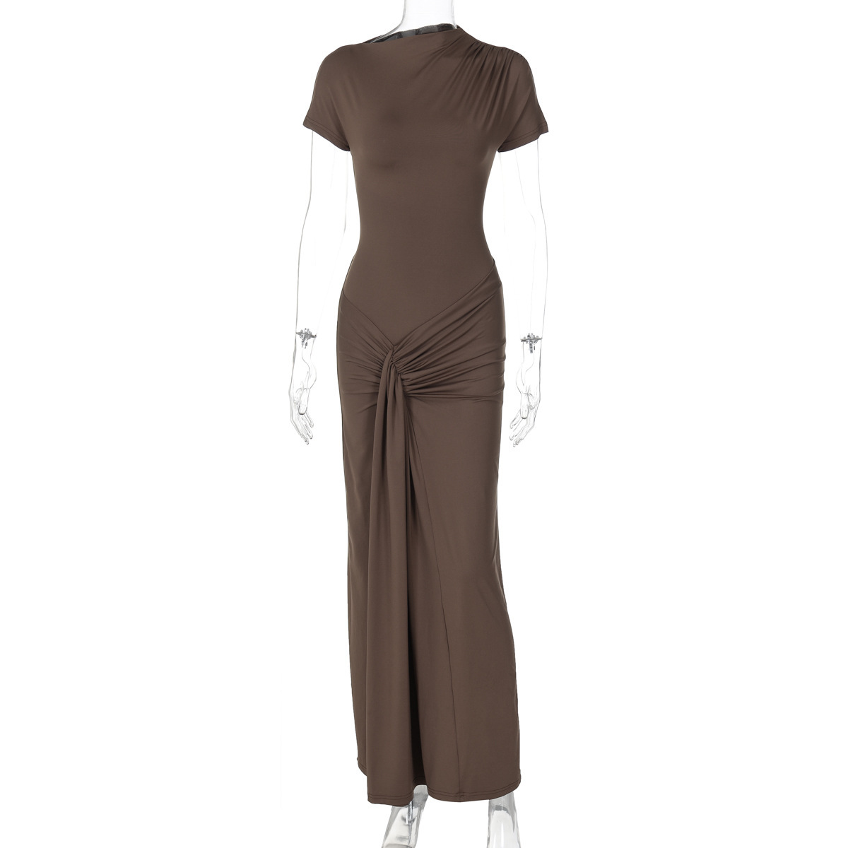 Um vestido plissado com mangas curtas e rendas, ajustado ao corpo💗