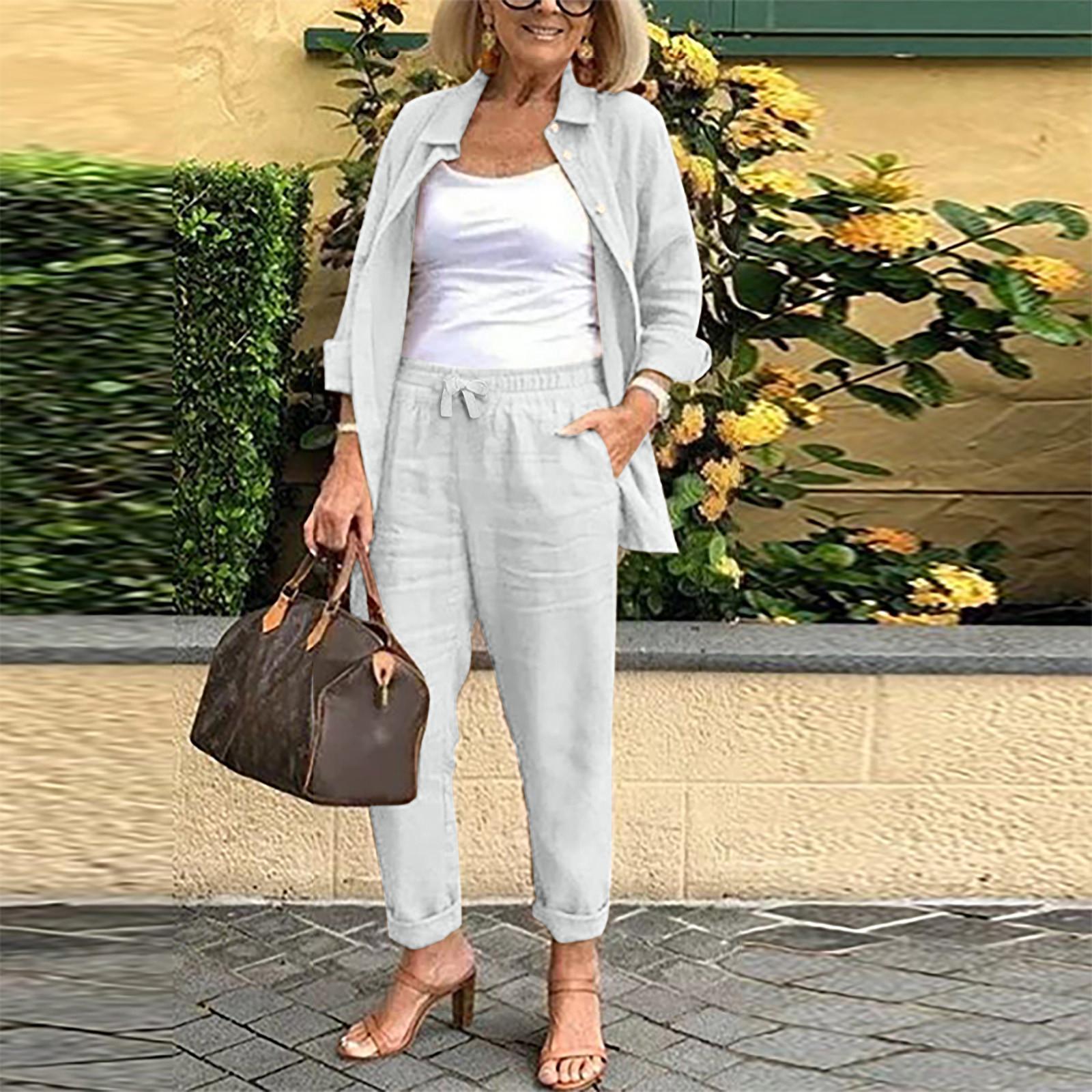 Set camicetta e pantaloni da donna a maniche lunghe in cotone e lino