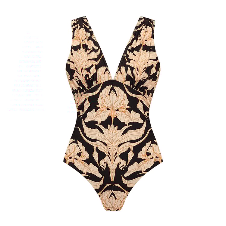 💖 V Neck Iris Print One Piece and Skirt Swimsuit Set